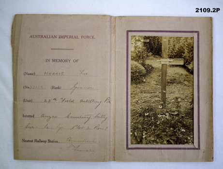 Memorial card and photo of grave WW1