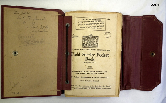 Field service note book and cover 1940.