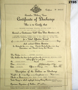 Certificate of discharge AIF WW2