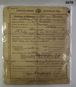 Discharge certificate issued for WW1