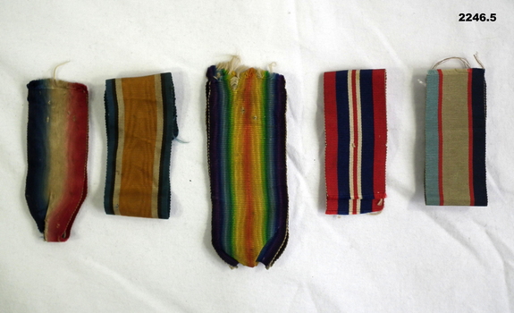 Five ribbons from a set of WW1 & WW2 medals.