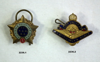 Two badges relating to POW’s and service women.