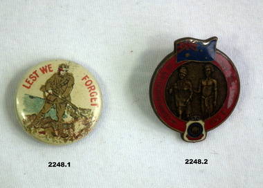 Two different badges relating to commemoration.