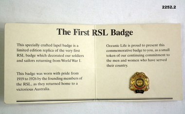 Card with badge depicting the first RSL Badge.