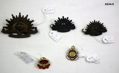 Five badges relating to membership and uniforms.