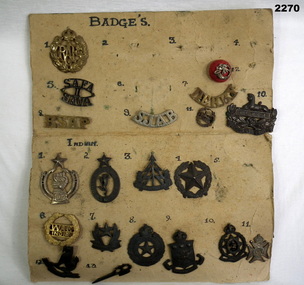 A collection of badges from different countries mounted.