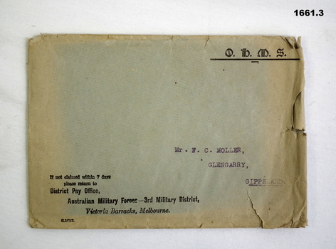 OHMS envelope re a WW 1 soldier