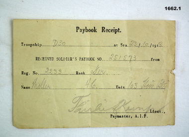 Receipt for the delivery of a WW1 paybook