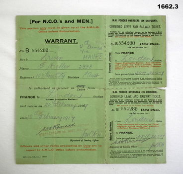 Combined leave and railway ticket WW1