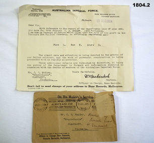 Official letter re the site of a soldiers grave.