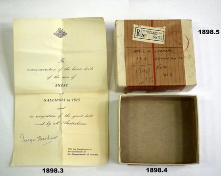Box and letter re ANZAC medallion.