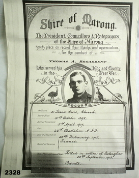 Marong Shire certificate of service AIF WW2