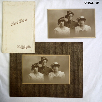 Photos showing a soldier with two ladies.