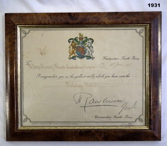 Framed certificate of the Award Military medal