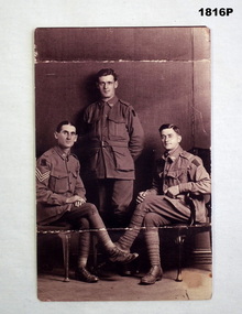 Sepia tone photo showing 3 WW1 soldiers