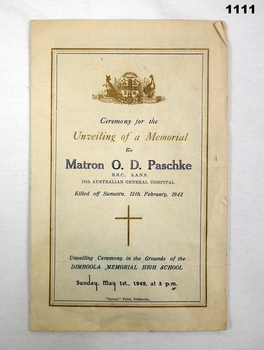Brochure re unveiling a nurses memorial
