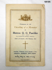 Brochure re unveiling a nurses memorial