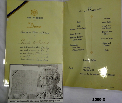 City of Bendigo Welcome home menu with photo inset.