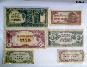 Six different japanese occupation notes