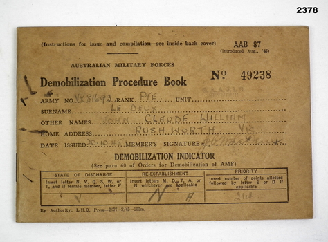 Demobilisation procedure book 2nd AIF.