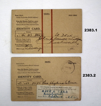 Two Identity cards issued during WW2