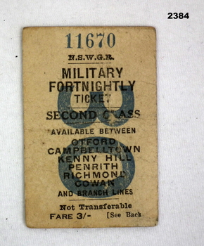 Military railway ticket issued in NSW