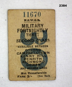 Military railway ticket issued in NSW