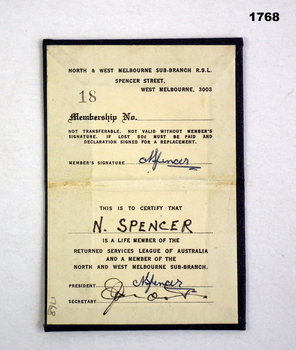 Folding membership card of a melbourne RSL branch