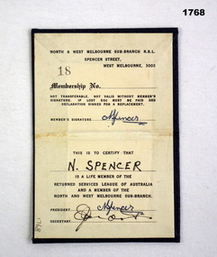 Folding membership card of a melbourne RSL branch