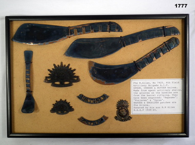 Framed trench art and badges WW1