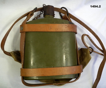 Green water canteen with leather carry handles 