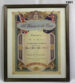 Certificate of appreciation from California Gully citizens.