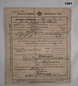 Discharge certificate of a WW1 soldier