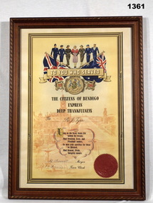 Bendigo Shire appreciation certificate WW2