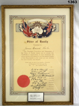 Shire of Huntly appreciation certificate WW2