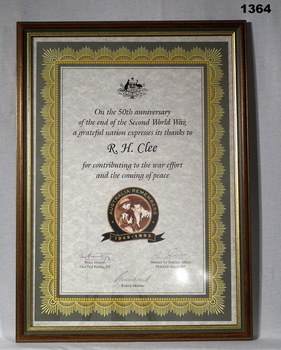 50th anniversary certificate of end of WW2