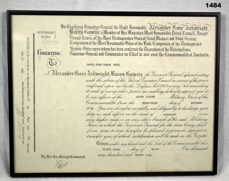 Certificate OFFICERS CERTIFICATE FRAMED 1939