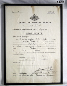 Certificate relating to a course in Infantry instruction