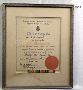 Certificate of Life Membership of the RSL.