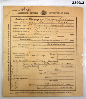 Discharge certificate with details AIF WW1