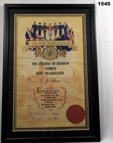 Certificate of appreciation from Bendigo Shire Council