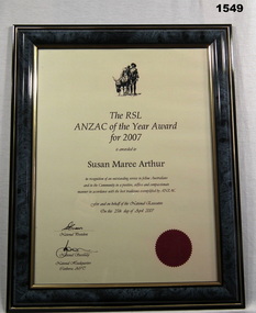 Certificate, RSL ANZAC of the year award