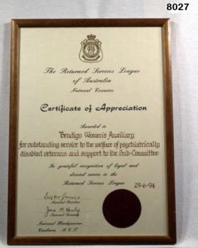Certificate congratulating Bendigo Womens Auxiliary.
