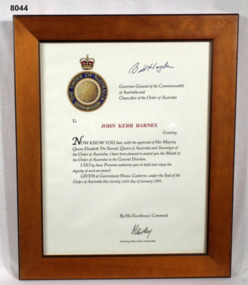 Certificate award of the OAM.