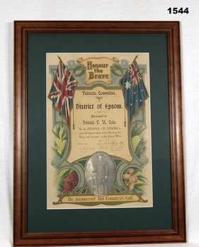 Framed certificate from People of Epsom to WWI soldier