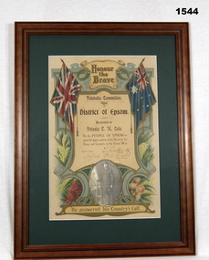 Framed certificate from People of Epsom to WWI soldier