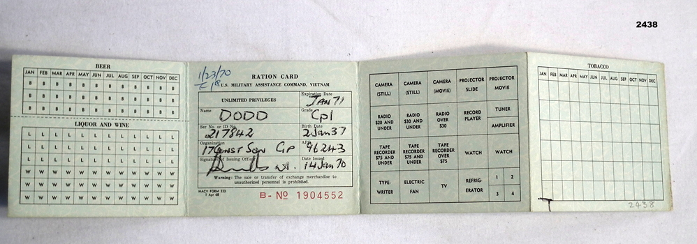 U.S.Military ration card for PX’s