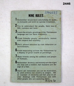Card with 9 rules re serving in Vietnam.