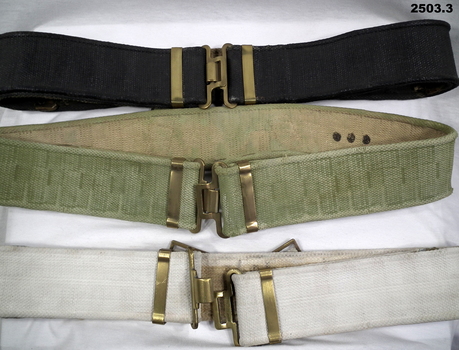 Webbing belts, black, white and green.