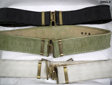 Webbing belts, black, white and green.